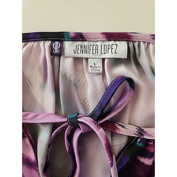 Jennifer Lopez JLO Blouse Large Purple Floral Boho Keyhole Neck Ties - Picture 13 of 15